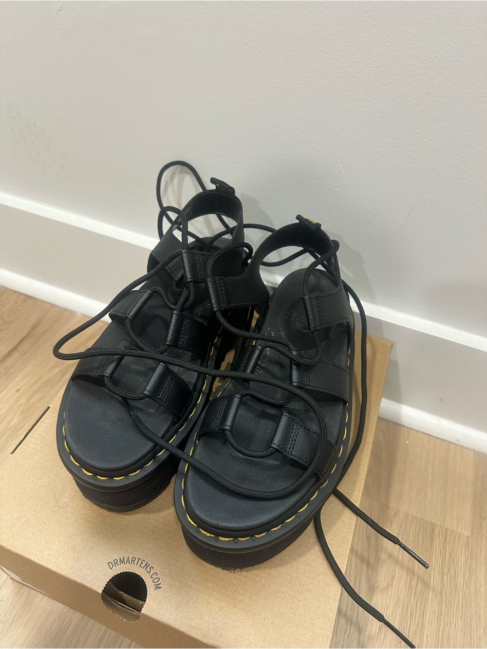 Dr. Martens Black Lace-Up Platform Sandals with Yellow Stitching - Picture 3 of 6